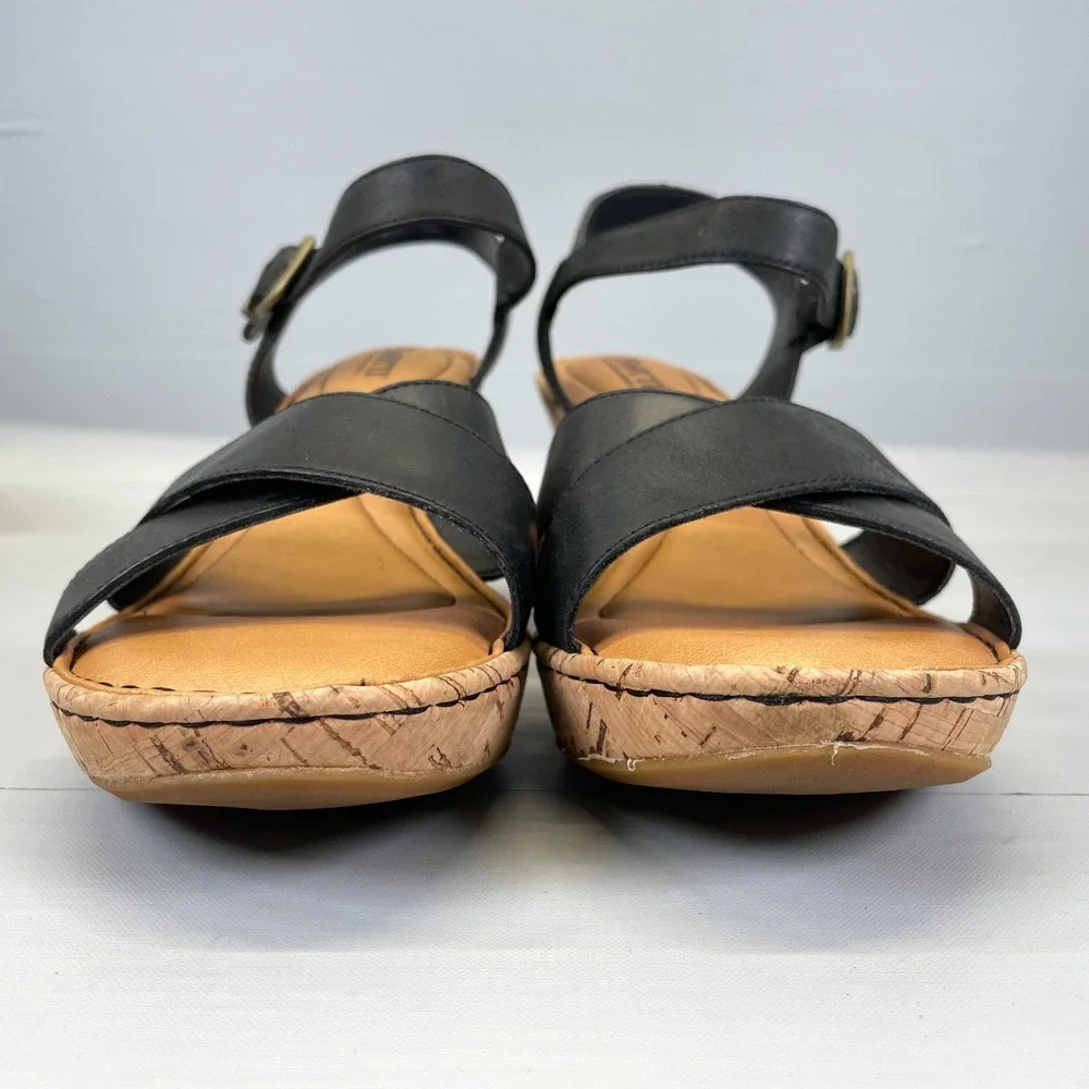 Born Alaina Platform Wedge Sandals Womens Size 10 Black Leather Ankle Strap Shoe
